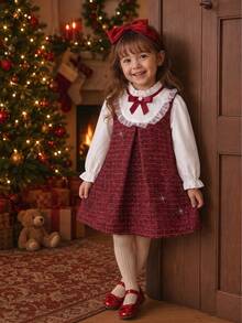 Baby Girl Wool Blend Dress, 2 In 1 Christmas Dress, Patchwork Red Outfit With Bowknot Collar Design, Baby Girl Daily Autumn/Winter Dress - Burgundy - View 4
