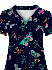 All-Over Print, 2 Pockets, Nurse Uniform, Women's Apparel Professional Wear, Nursing, Dental, Beauty Salon, Short Sleeve Knit Fabric All Season Fall - Multicolor - View 3