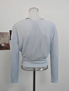 Korean Style Casual Lace Trim Cross V-Neck Autumn/Winter Design Waist-Flattering Slimming Ribbed Texture Women's 2 Pieces Top Set - Baby Blue - View 9