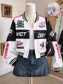 Girls' Letter Print Colorblock College Style Single-Breasted Jacket, Casual Streetwear - Multicolor - View 1