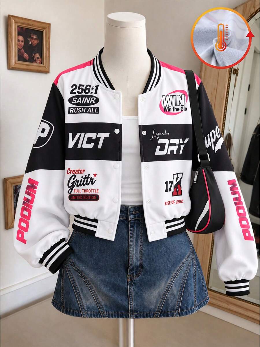 Girls' Letter Print Colorblock College Style Single-Breasted Jacket, Casual Streetwear - Multicolor - View 1