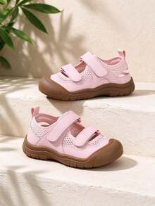 1 Pair Toddler Girls Closed Toe Mesh Sandals, Double Hook And Loop Strap Round Protective Toe Non Slip Rubber Sole Kids Summer Outdoor Shoes - Pink - View 7