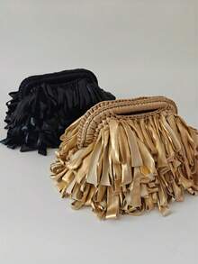Tas Clutch Rajutan Rumbai Metalik Wanita, Tas Tangan Pegangan Atas Tenun Tangan dengan Rumbai Pita Mengkilap, Dompet Mini Elegan untuk Pesta Pernikahan dan Malam Hari - MultiWarna - View 3
