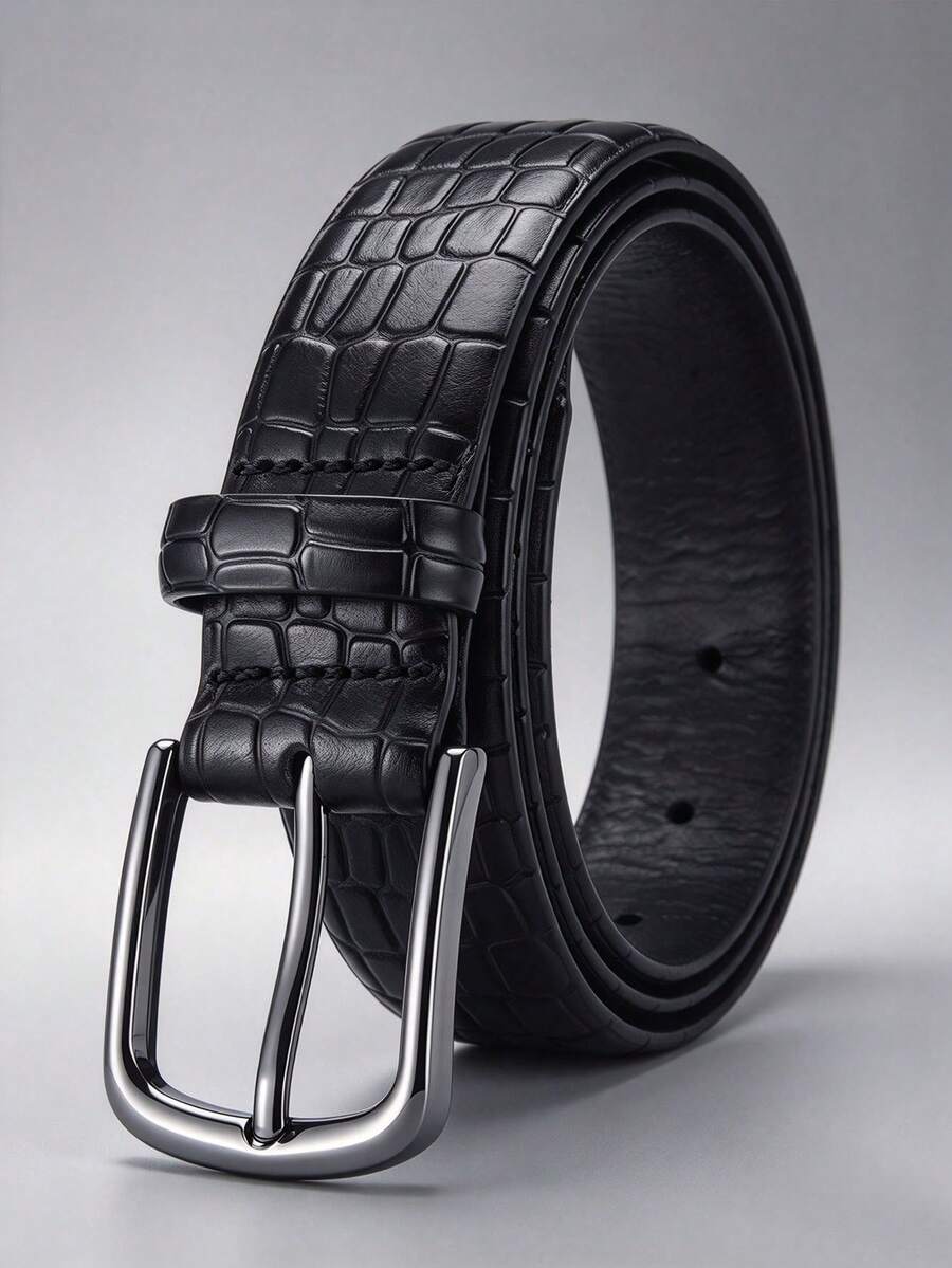 LJSQ 1pc Premium Men's Genuine Leather Crocodile Embossed Casual Business Belt, Black, 3.8cm, Pin Buckle - Black - View 1