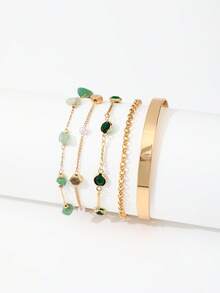 5PCS Vintage Green Crushed Stone Faux Pearl Layered Bracelet Set, Geometric Metal Thin Chain Layered Bangle, Daily Commute Hand Jewelry Set For Women - S1616 - View 4