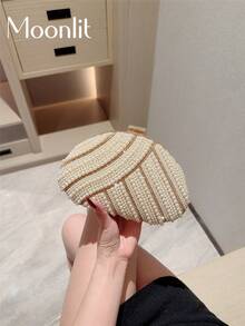 Moonlit Eve Bag 優雅仿珍珠方盒手拿包，浪漫婚禮派對手提包，奢華水鑽裝飾，適合新娘正式場合的單肩包婚禮手拿包 - 米色 - 查看 6