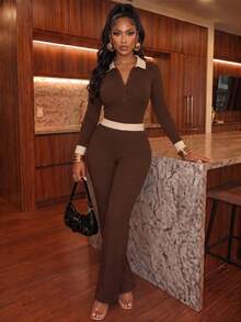 Fall Women's Casual Elegant Rib-Knit Two Pieces Outfit With Collar And Medium Stretch For A Chic Guest Look - Brown - View 1