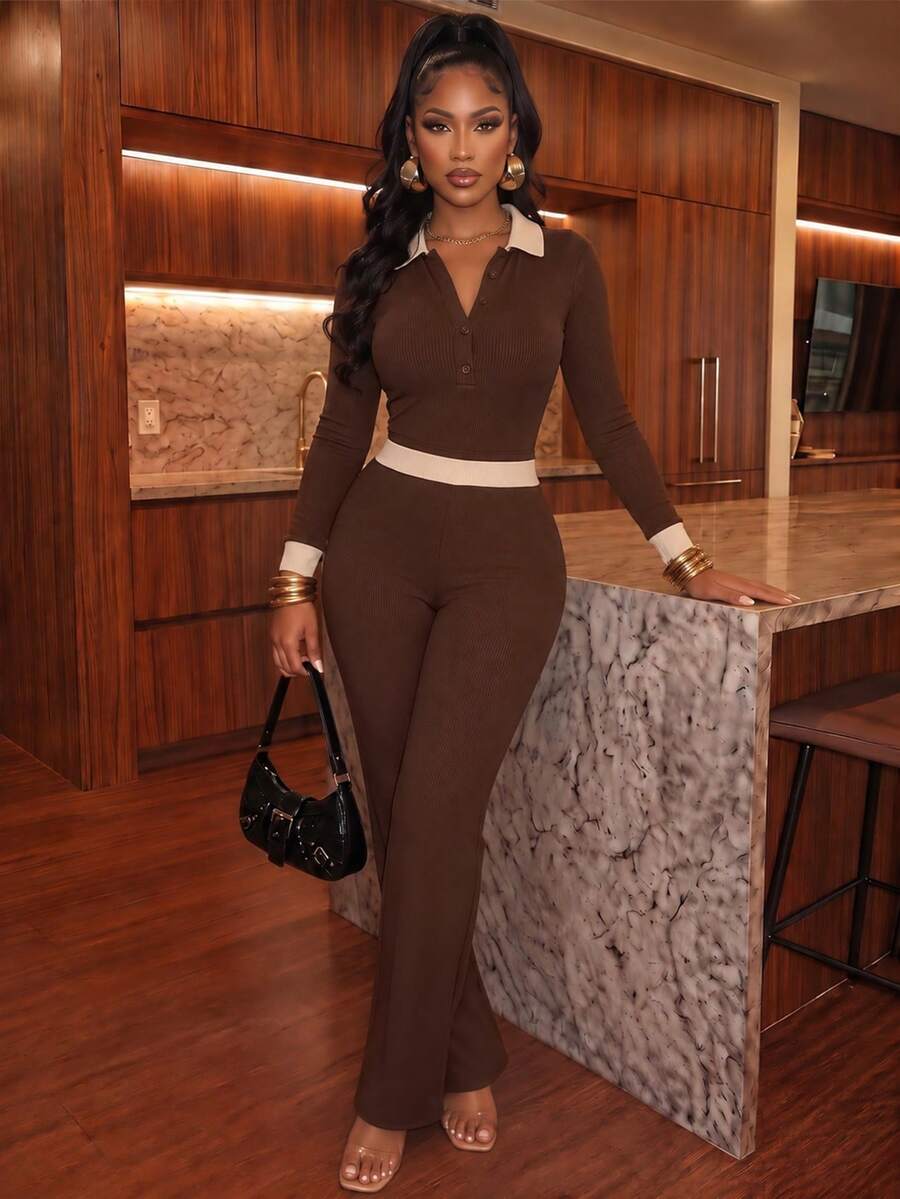 Fall Women's Casual Elegant Rib-Knit Two Pieces Outfit With Collar And Medium Stretch For A Chic Guest Look - Brown - View 1