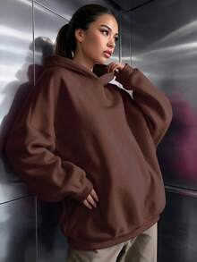 Women's Casual Comfortable Fleece Loose Hooded Sweatshirt, Autumn/Winter Daily Wear, Wardrobe Essential Fall - Coffee Brown - View 6