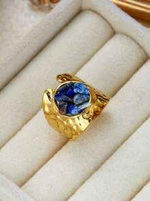 Lapis Lazuli Raw Stone Ring, Gold Hammered Statement Ring For Women, Bohemian Jewelry - Gold - View 3