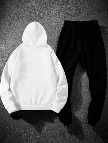 2pcs/Set Men's Fashion Minimalist Letter Casual Hoodie Sweatshirt & Pants Set, Pockets Drawstring, Suitable For Spring Autumn Winter Outdoor, Streetwear, Daily Wear - Black - View 3
