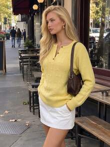 Aflion Women Fall Winter Elegant Pale Yellow Knit Sweater, Henry Neck Textured Long Sleeve Top For Street Stroll, Going Out Top, Back To School, Gathering - Yellow - View 7
