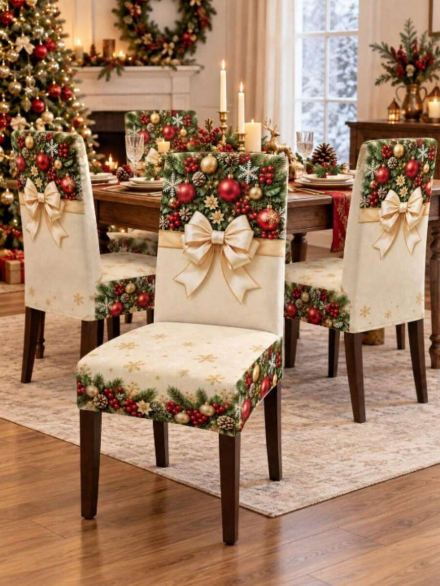 4/6pcs Christmas Elastic Dining Chair Covers, Gold Bow Red Decor Pine Cone Berry Snowflake Print Chair Covers, Suitable For Christmas Holiday Dining Room Kitchen Party Decoration - B - View 1