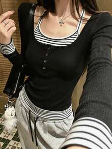 Women's U-Neck Long Sleeve T-Shirt, American Hot Girl Style, Spring/Autumn New Fashion Halter Neck Striped Patchwork Button Design, Casual Versatile Slimming Fitted Crop Top - Black - View 8
