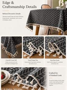Bubaba 1pc Modern Charcoal Grey Geometric Arrow Pattern Tablecloth With Beige Tassel Trim, Vintage Bohemian Farmhouse Herringbone Print Rectangular Dining Tablecloth, Elegant Decorative Table Runner For Kitchen, Dining Room, Daily Use, Party And Home Decor - Multicolor - View 5