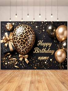 Customizable Name Black & Gold Leopard Print Balloon Happy Birthday Backdrop, Gold Glitter Sequin Gift Box Ribbon Pattern Decorative Design, Suitable For Birthday, Adult Party, Pajama Party, Fashion Ball And Other Party Background Decoration Photography Banner Vinyl - Black - View 6