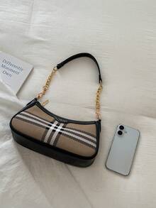 Classic Plaid Underarm Bag, Baguette Style, With Metal Chain Detail, One Shoulder Or Crossbody - Black - View 8