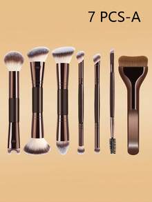 Double-Ended Makeup Brush Set, Multi-Functional Trio Brushes For Foundation, Contour, Eyeshadow, Blush, High-Quality Synthetic Fiber Makeup Brush Kit - Brown - View 15