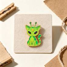 Cartoon Alien Cat Enamel Pin, Green Space Kitty Metal Brooches, Cute Lapel Badges For Jackets Backpack Hat, Novelty Halloween Jewelry Gift For Fiends - Green - View 7