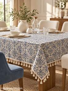 Blue Floral Scroll Tassel Tablecloth, Cotton Linen Texture Rectangular Table Cover, Vintage French Farmhouse Style Tablecloth, Suitable For Dining Table, Party And Home Decor - Multicolor - View 10