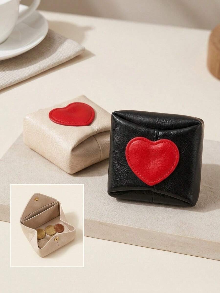 1pc Heart-Shaped Mini Coin Purse, Faux Leather Fabric, Snap Closure Design, Multiple Colors Available, Suitable For Carrying Coins, Earrings And Small Items, 3D Square Shape, Portable Jewelry Storage Bag, Travel Organizer Pouch - Multicolor - View 1