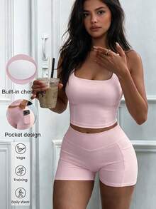 Women's 2 Pieces Sports Set, Summer Sexy Tank Top With Padded Chest And High-Waisted Pocket Shorts Elegant Pink - Pink - View 3