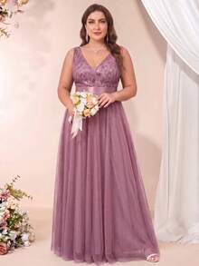 XUCTHHC Plus Size V-Neck Sleeveless Floral Embroidered Sequin Mesh A-Line Bridesmaid Dress, Elegant Party Evening Gown, Suitable For Wedding Guests, Prom, Autumn - Dusty Pink - View 3