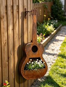 1pc Vintage Iron Guitar Planter, Hollow Design, Outdoor Garden Hanging Flower Pot Decor - A - View 3