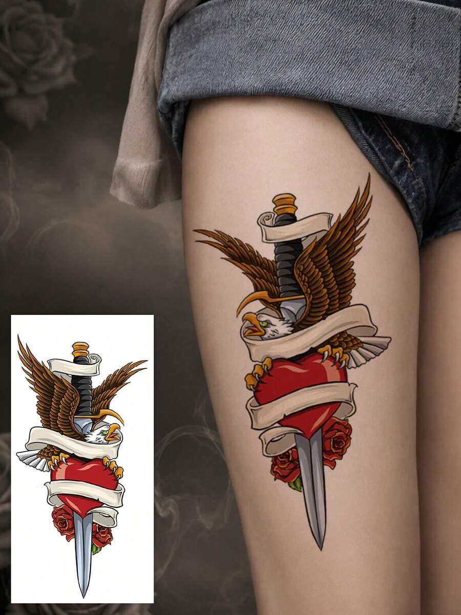 1pc Y2K Style Eagle Sword Rose Tattoo Sticker, Anime Floral Print Temporary Tattoo, Gothic Style Waterproof And Sweat-Resistant, Washable, Non-Reflective, Simulates Tattoo Effect On Arms, Legs, Shoulders, Chest, Back, Suitable For Fashion-Conscious People, Lasts 3 To 5 Days - Black - View 1