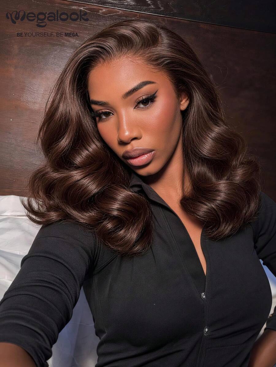 MEGALOOK Bob Cut Dark Brown 13x5 Lace Front Wig 250% Density Big Wave ...