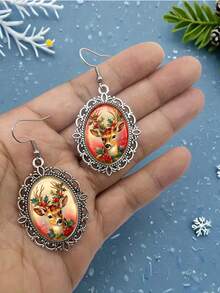 Oval Reindeer Earrings - Antique Silver Hollow Frame Holiday Accessory, Christmas Party Decoration, Christmas Gift For Women - Silver - View 5