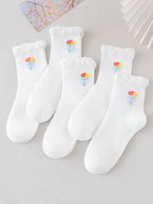 1/4/6/8/12 Pairs Floral Pattern Bubble Cuff Ruffle Comfortable Wide Opening Mid-Calf Socks - Multicolor - View 2