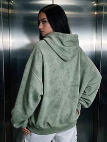 Vintage Washed Fleece Lined Women's Long Loose Long Sleeve Hooded Sweatshirt, Daily Wear, Autumn/Winter Clothing, Autumn/Winter Outfit - Green - View 6