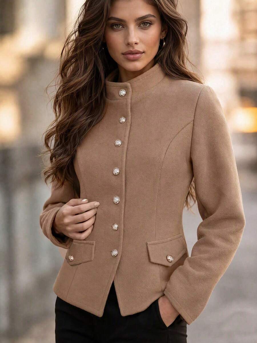 女款秋冬立領金鈕扣修身羊毛感西裝外套,長袖假口袋優雅通勤外衣 - 卡其色 - 查看 1