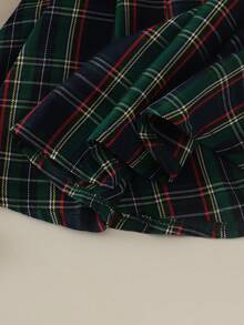3pcs Girls Vintage Preppy Style Bow Print Patchwork Plaid Polo Collar Top + Pleated Skirt + Bucket Hat Set, Spring/Autumn - Dark Green - View 8