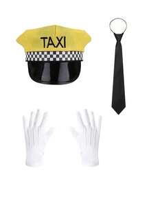 3pcs Yellow Taxi Theme Costume Set And Accessories, Including Hat, Gloves And Tie, Adult Role Play Props, Perfect For Costume Props; Also Suitable For Halloween, Carnival, Festival Role Play And More - Multicolor - View 8