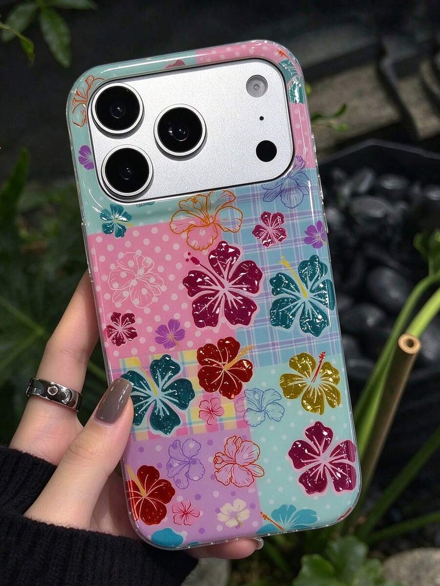1pc New Colorblock Hibiscus Flower Print Shockproof Phone Case, Suitable For Daily Commute And Outdoor Use, Fresh Holiday Gift Couple Phone Case, Compatible With IPhone 11 12 13 14 15 16 17 18 Pro Max - Multicolor - View 1