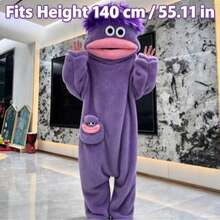 1pc Red Cartoon Monster Plush One-Piece Hooded Pajamas, Blue Hair, Soft Fleece Teenager Loungewear Set - Multicolor - View 12