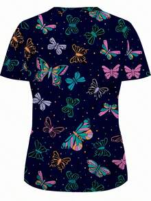 All-Over Print, 2 Pockets, Nurse Uniform, Women's Apparel Professional Wear, Nursing, Dental, Beauty Salon, Short Sleeve Knit Fabric All Season Fall - Multicolor - View 2