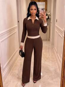 Fall Women's Casual Elegant Rib-Knit Two Pieces Outfit With Collar And Medium Stretch For A Chic Guest Look - Brown - View 5