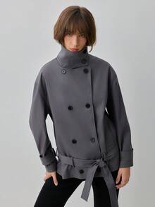 Women's British Style Long Sleeve Stand Collar Tie-Front Trench Coat Jacket, Suitable For Autumn/Winter - Dark Grey - View 1