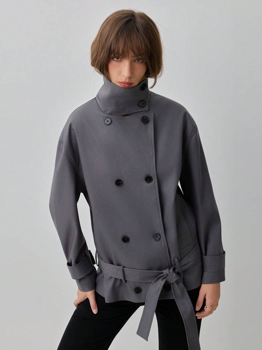Women's British Style Long Sleeve Stand Collar Tie-Front Trench Coat Jacket, Suitable For Autumn/Winter - Dark Grey - View 1