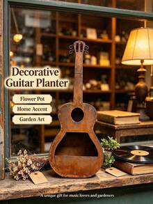 1PC Vintage Iron Guitar Planter, Hollow Design, Outdoor Garden Hanging Flower Pot Decoration Ornament - A - View 3
