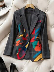 Printed Lapel Single-Button Blazer, Vintage Elegant Casual Vacation Business Office OL Jacket, Suitable For Spring, Summer, Autumn, Winter - Dark Grey - View 1