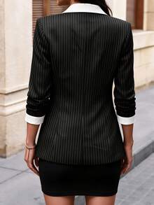 Women's Striped Double-Breasted Blazer, Contrast Color Pointed Collar Design, Long Sleeve Woven Fabric Regular Fit, Button Details, Showcasing Fashionable Style - Black - View 9