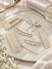 7pcs/Set Minimalist Elegant Pearl Hair Clips Set Duck Mouth Bangs Clips Women's Daily Party Wedding Holiday Gift Decorative Hair Accessories - Multicolor - View 3