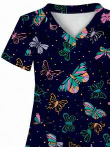 All-Over Print, 2 Pockets, Nurse Uniform, Women's Apparel Professional Wear, Nursing, Dental, Beauty Salon, Short Sleeve Knit Fabric All Season Fall - Multicolor - View 4