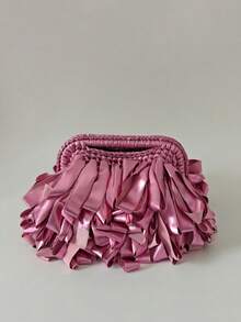 Tas Clutch Rajutan Rumbai Metalik Wanita, Tas Tangan Pegangan Atas Tenun Tangan dengan Rumbai Pita Mengkilap, Dompet Mini Elegan untuk Pesta Pernikahan dan Malam Hari - MultiWarna - View 15