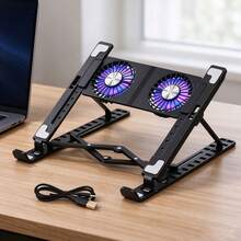 Portable Laptop Stand With 2 Cooling Fans, RGB LED Cooling Fan Stand, Adjustable Height, Suitable For Laptop Stand, Laptop Cooling Pad, Desktop Stand With Cooling Fans, Includes 1 Type-C Cable - View 2