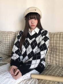 女款寬鬆休閒針織開襟毛衣，菱格紋，秋冬款 - 黑與白 - 查看 9